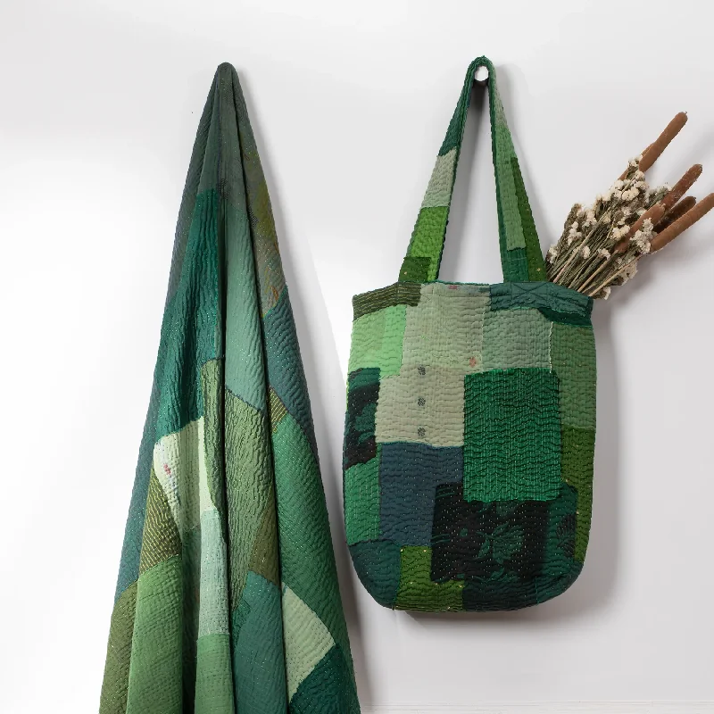 Fashion-Forward Landscape Handmade Vintage Kantha Tote Bag -Green - Classic Totes, Exclusive Deals