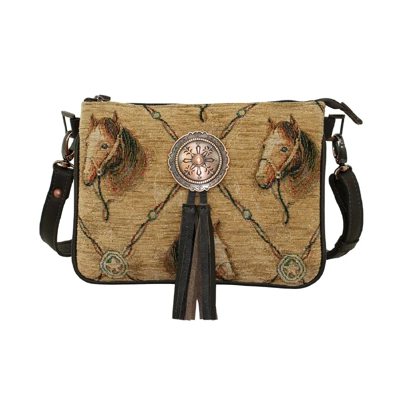 American West Womens Bits and Bridle Woven Tapestry Leather Crossbody Bag Elegant Bags With Limited Stock Available