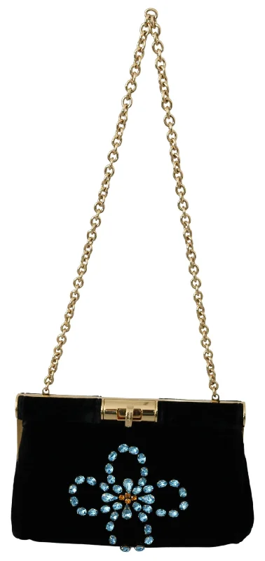 Dolce & Gabbana Black Velvet Crystal Studs Women Crossbody Sling Borse Women's Bag Trendy Purses, Limited Offer