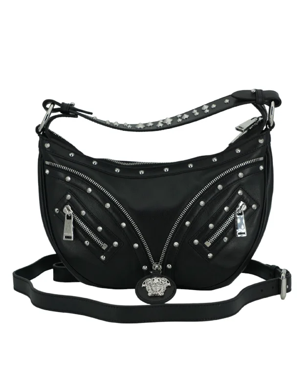 Versace Elegant Black Leather Hobo Shoulder Women's Bag Statement Handbags At Unbeatable Discounts Versace Elegant Black Leather Hobo Shoulder Women's Bag Statement Handbags At Unbeatable Discounts