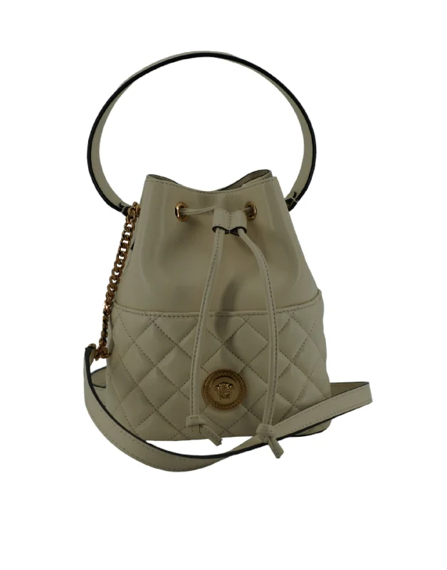 Versace Elegant Small White Leather Bucket Shoulder Women's Bag Stylish And Durable Handbags At Great Value Versace Elegant Small White Leather Bucket Shoulder Women's Bag Stylish And Durable Handbags At Great Value