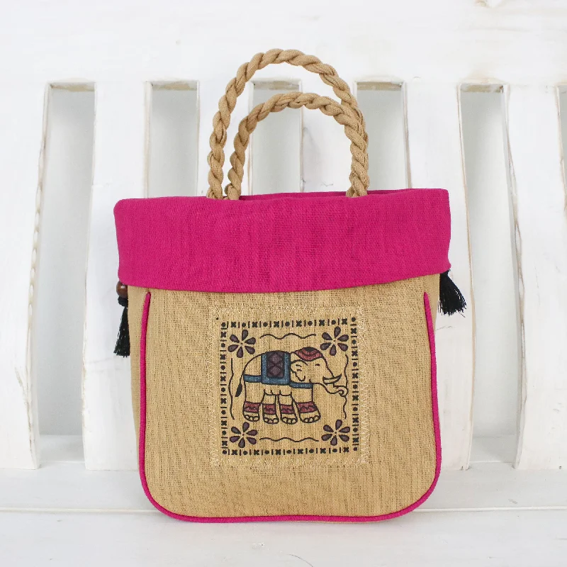 Graceful Elephant Fuchsia Cotton Handbag Luxury Handbags, Budget-Friendly
