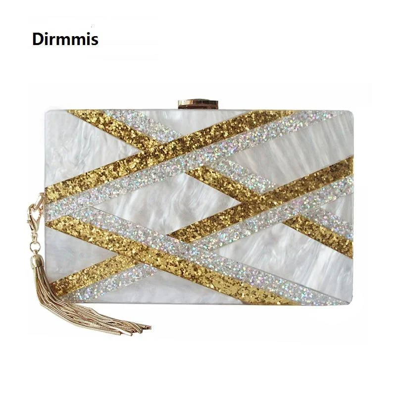 2018 New Acrylic Brand Fashion Women Evening Bags Luxury Gold Sequined Handbags Elegant Tassel Party Prom Wedding White Clutch Fashionable Handbags At Must-Have Prices