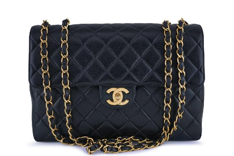 Chanel Black Lambskin Jumbo Quilted Classic 2.55 Flap Bag 24k Gold Plated Limited-Time Sale On Trendy Handbags – Don't Miss Out