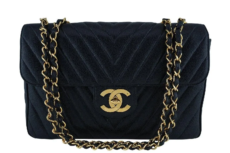 Chanel Vintage Black Caviar Chevron Maxi Classic Jumbo XL Flap Bag Flash Sale On Handbags