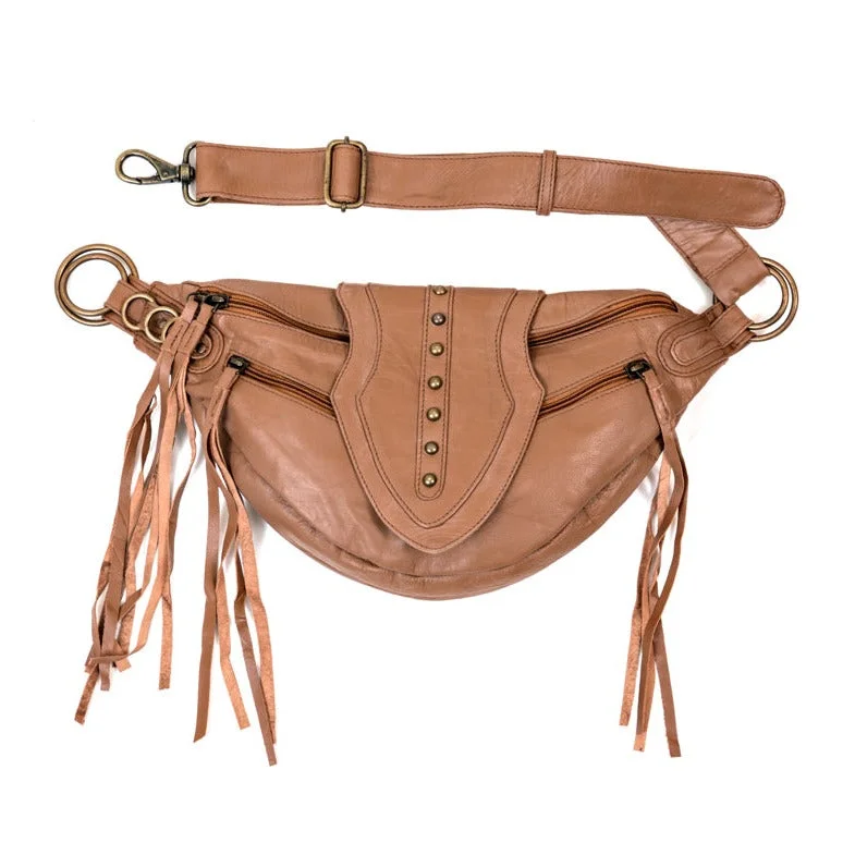 Leather Arrow Bag | Almond Tan Trendy Purses At Exclusive Promotional Rates