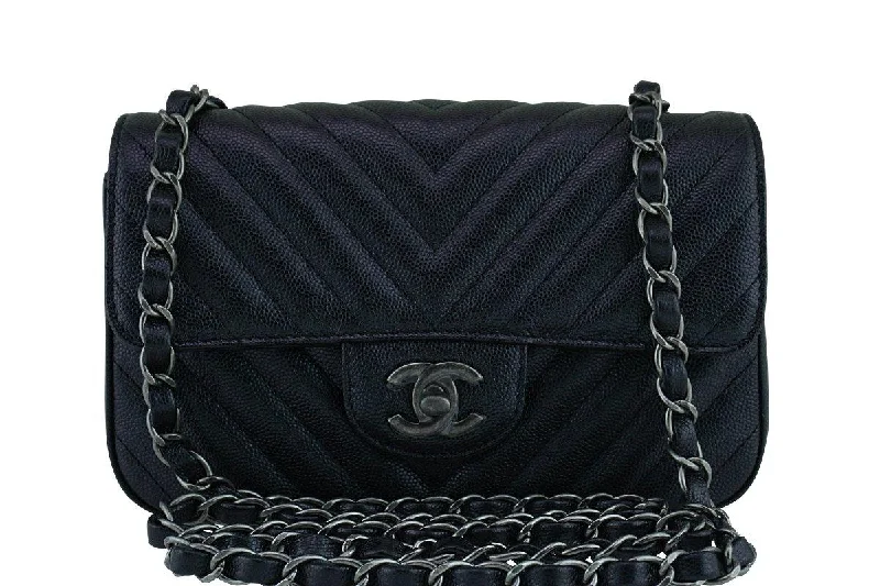 New 17B Chanel Iridescent Black Chevron Caviar Classic Mini 2.55 Flap Bag Handbag Deals You'll Love