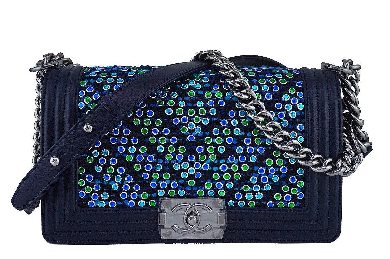 NIB 17S Chanel Rare Jeweled Tweed Lambskin Navy Blue Medium Boy Flap Bag Sleek Bags, Perfect Prices
