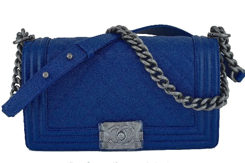 NIB 2017 Chanel Blue Caviar Medium Classic Boy Flap Bag Elegant Purses, Shop & Save