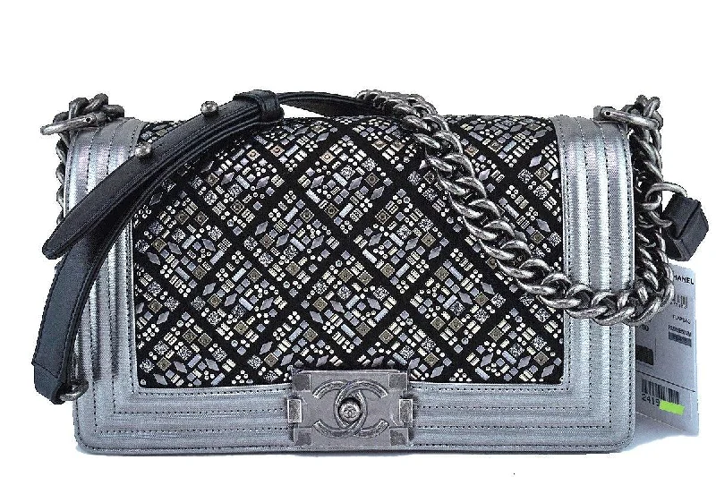 NWT 17S Chanel Silver Medium Classic Boy Embellished Flap Bag Stylish Totes, Exclusive Savings