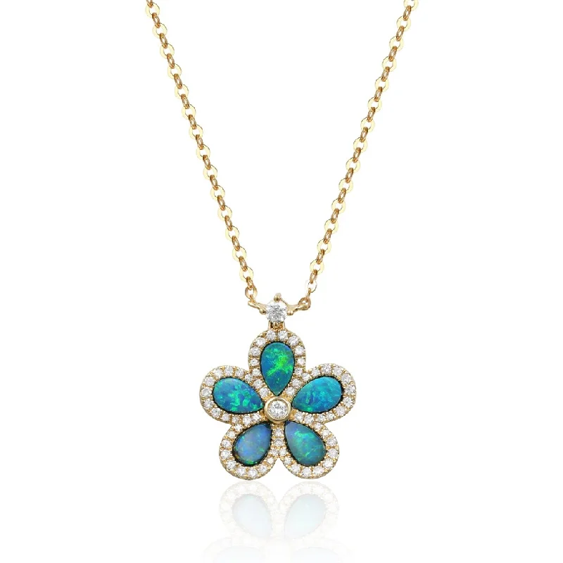 14K Yellow Gold Opal And Diamond Flower Necklace