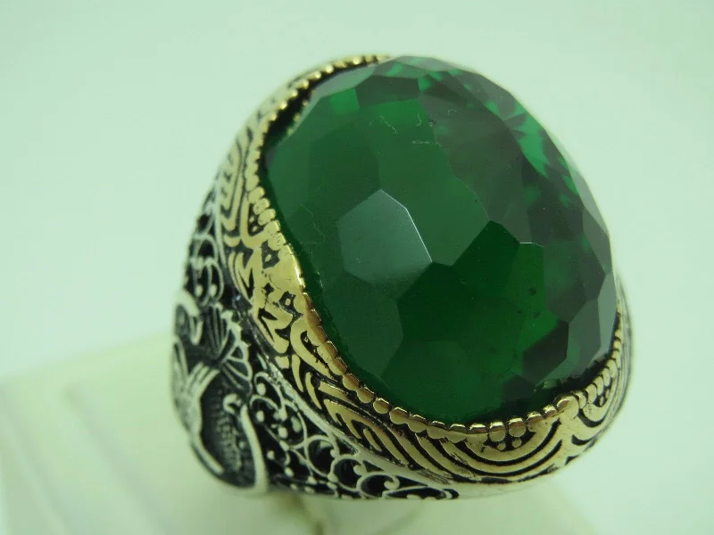 Turkish Handmade Jewelry 925 Sterling Silver Emerald Stone Mens Rings