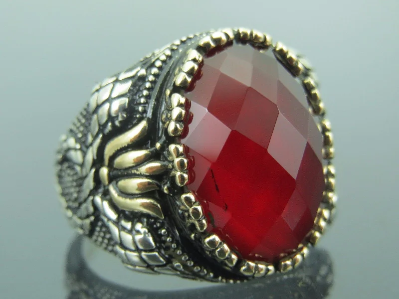 Turkish Handmade Jewelry 925 Sterling Silver Garnet Stone Mens Rings