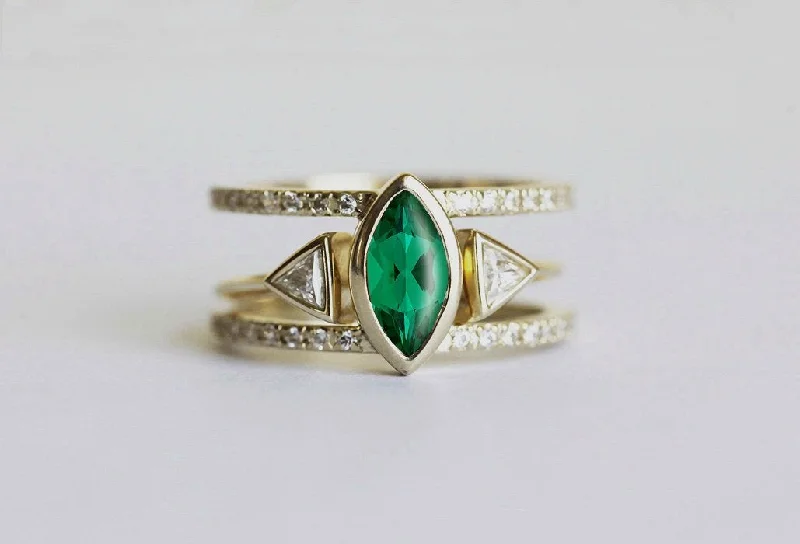 Olga Emerald Engagement Ring Set, Triangle Open Wedding Ring Set