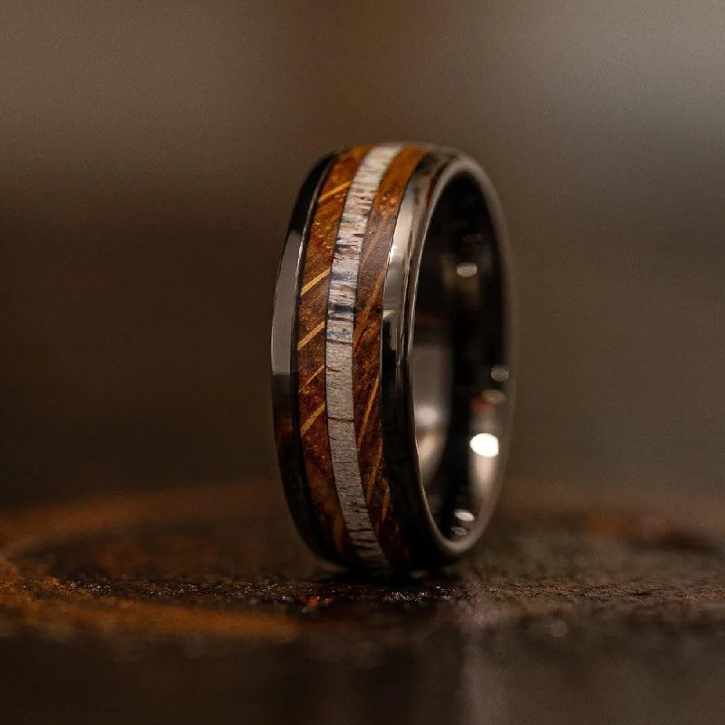 "Dionysus"  Whisky Barrel Wood x Antler Ring- Gunmetal Tungsten