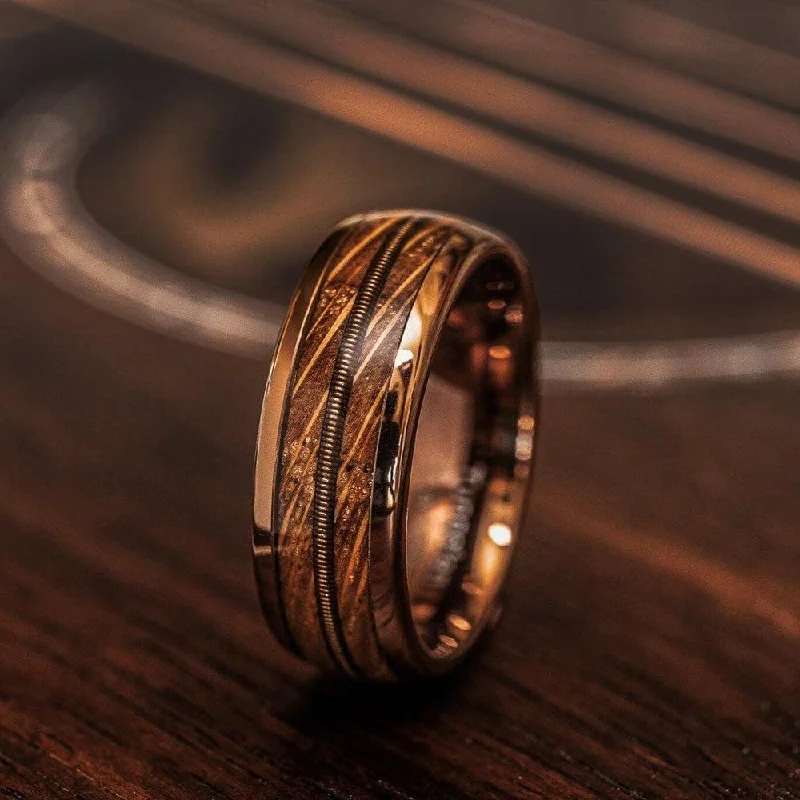 "Dionysus"  Whisky Barrel Wood x Guitar String Ring- Rose Gold Tungsten