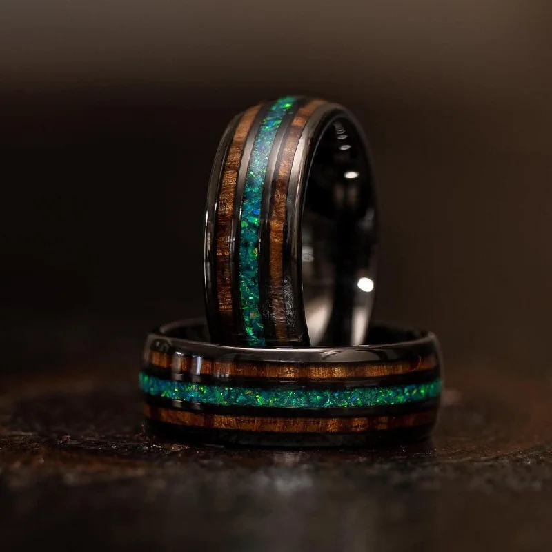 "Dionysus"  Whisky Barrel x Green Opal Gunmetal Tungsten Ring