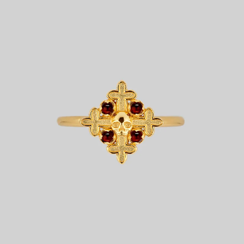 ELVIRA. Medieval Cross Garnet Ring - Gold