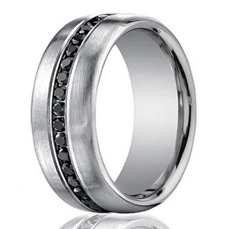 Designer 14K White Gold Men's Eternity Band, Black Diamond, 7.5mm