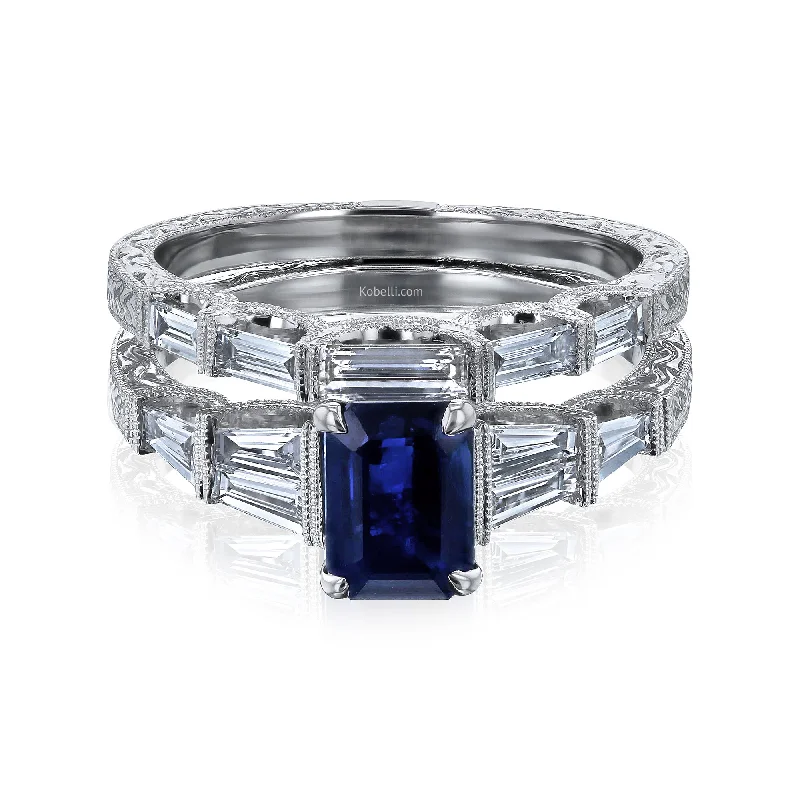 Lou Mid-Century Style Sapphire Ring with Filigree Engravings - Size 6.5