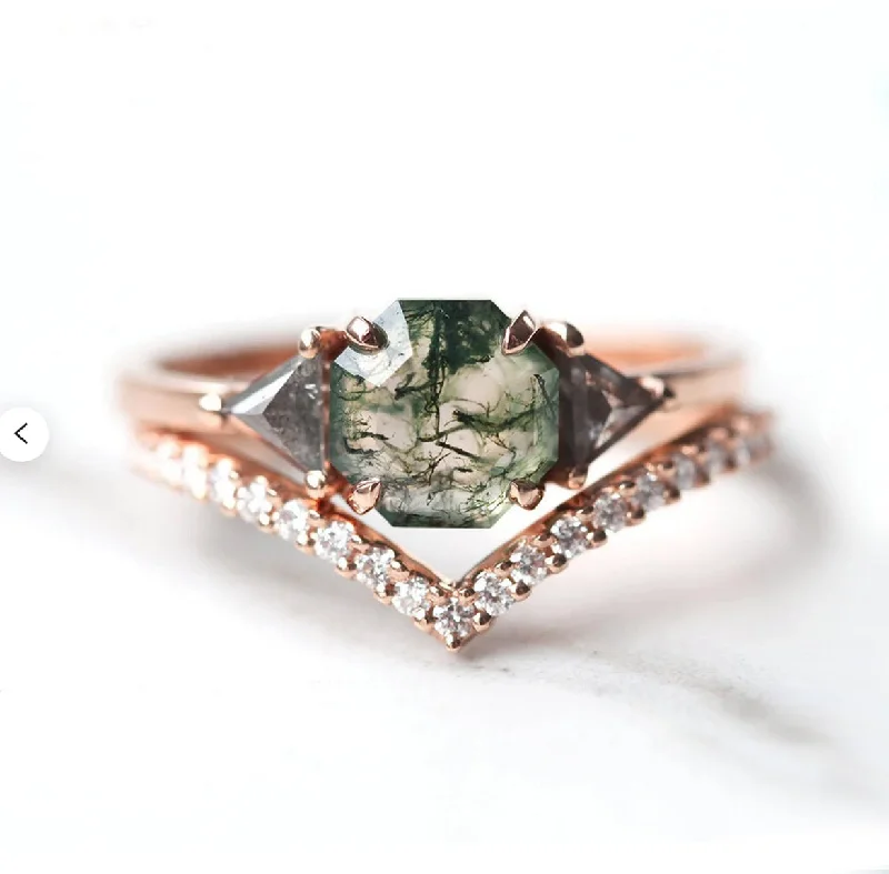 Sasha Octagon Moss Agate Ring With Diamond Band