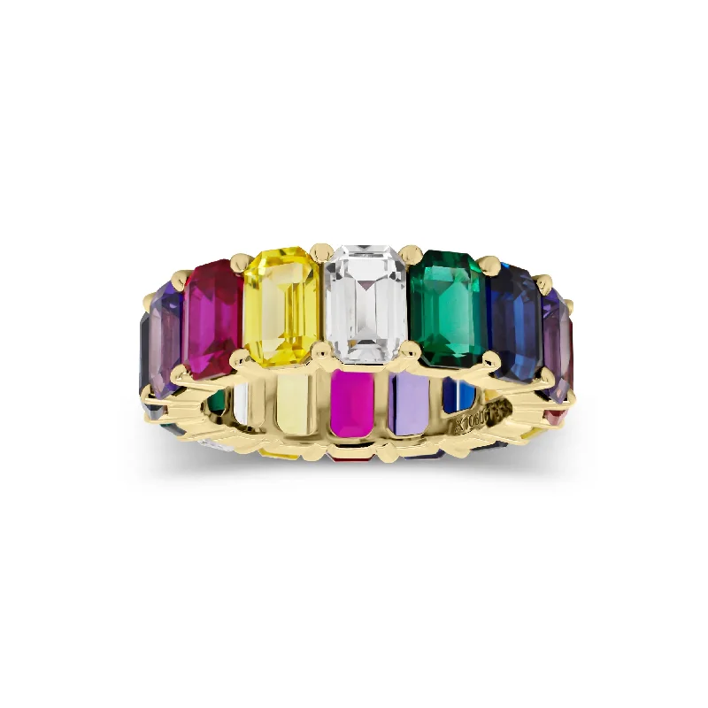 Multicolor Emerald-Cut Gemstone Eternity Ring