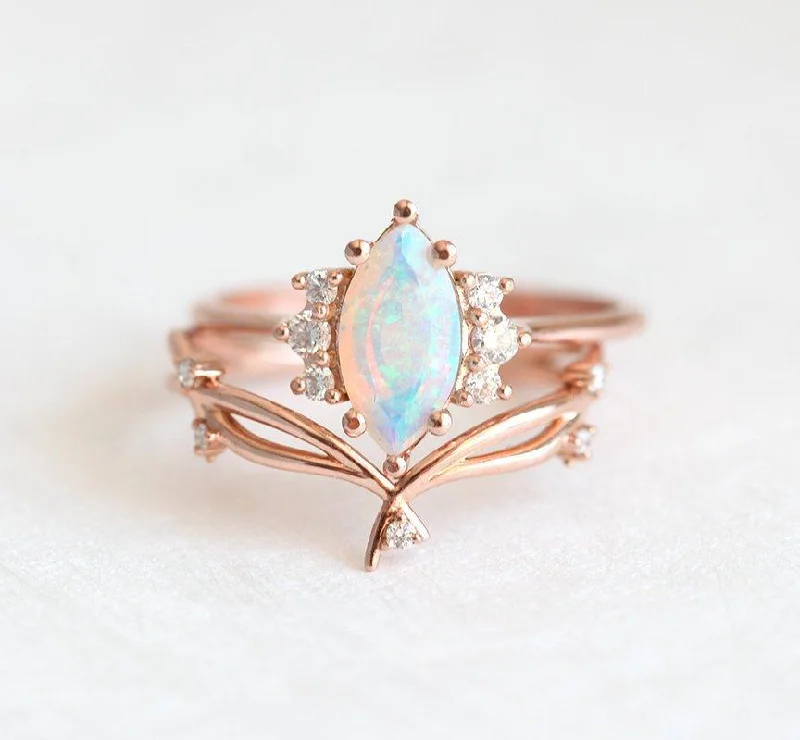 Opal Ring Set, 14K Rose Gold Diamond Ring