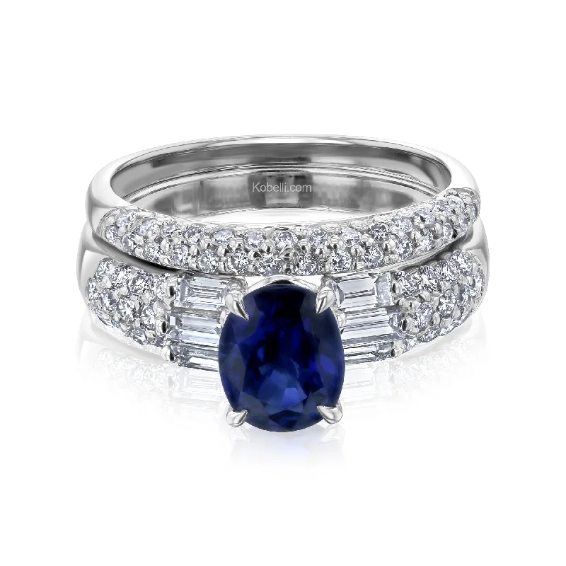 Oval Sapphire Diamond Lined Bridal Rings