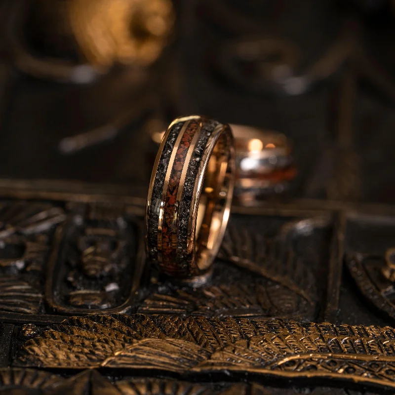 "Perseus" Rose Gold Domed Tungsten Carbide Ring- Dinosaur Bones and Meteorite- 6mm/8mm