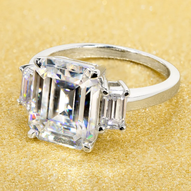 The Lux, 5ct Emerald-cut Moissanite Three-Stone Ring