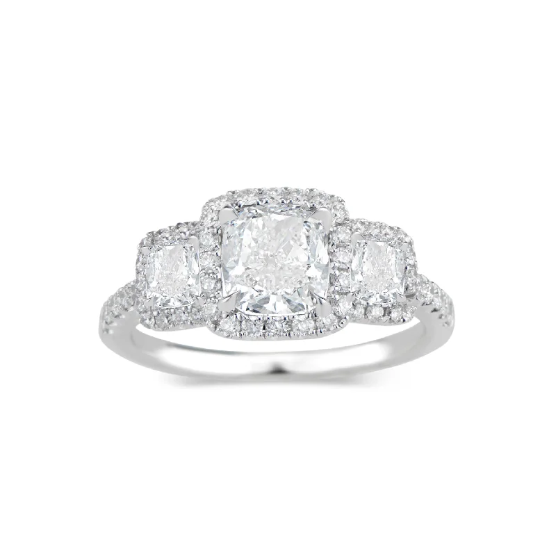 Three-Stone Cushion Halo Diamond Engagement Ring