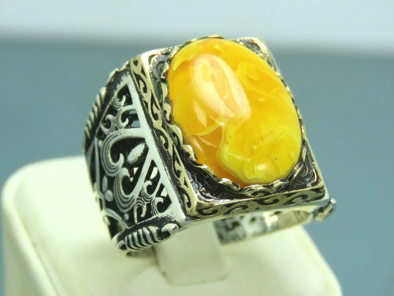 Turkish Handmade Jewelry 925 Sterling Silver Amber Stone Mens Rings