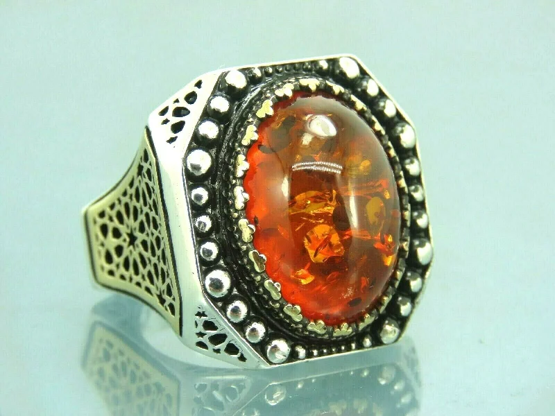 Turkish Handmade Jewelry 925 Sterling Silver Amber Stone Mens Rings