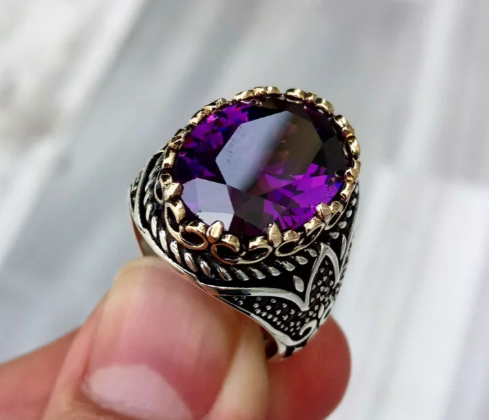 Turkish Handmade Jewelry 925 Sterling Silver Amethyst Stone Mens Rings