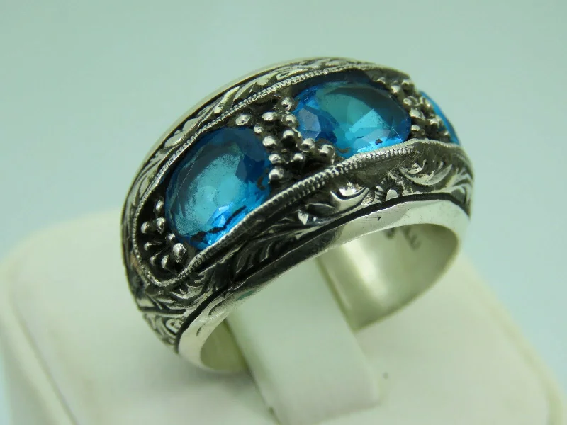 Turkish Handmade Jewelry 925 Sterling Silver Aquamarine Stone Men's Rings