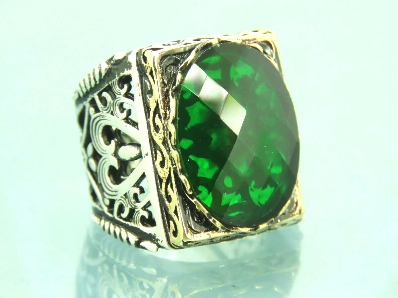 Turkish Handmade Jewelry 925 Sterling Silver Emerald Stone Mens Rings