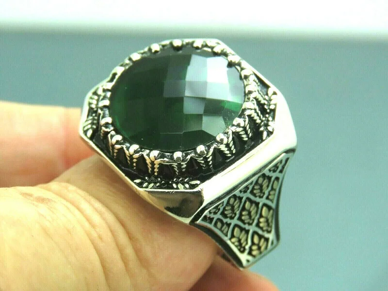 Turkish Handmade Jewelry 925 Sterling Silver Emerald Stone Mens Rings