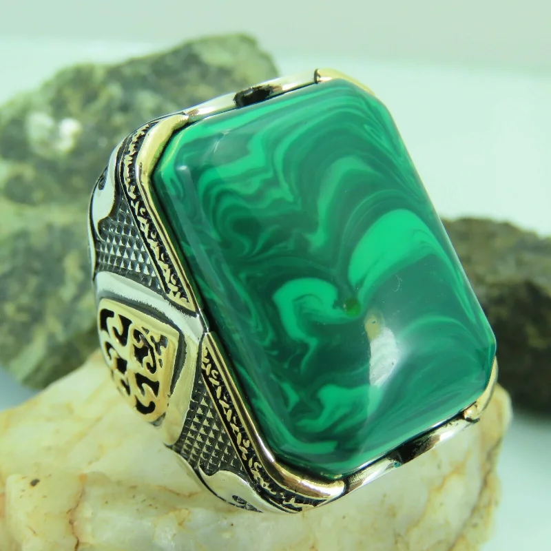 Turkish Handmade Jewelry 925 Sterling Silver Malachite Stone Men's Rings