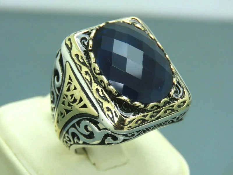 Turkish Handmade Jewelry 925 Sterling Silver Sapphire Stone Mens Rings