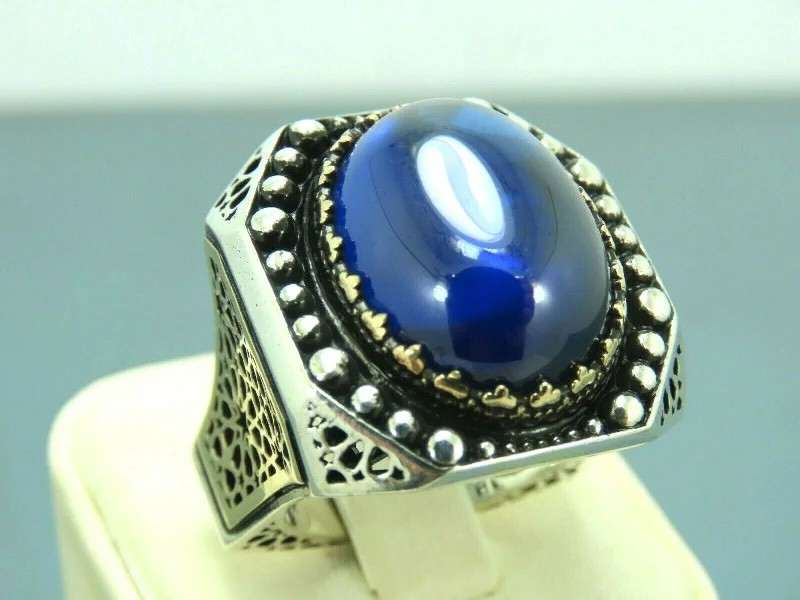 Turkish Handmade Jewelry 925 Sterling Silver Sapphire Stone Mens Rings