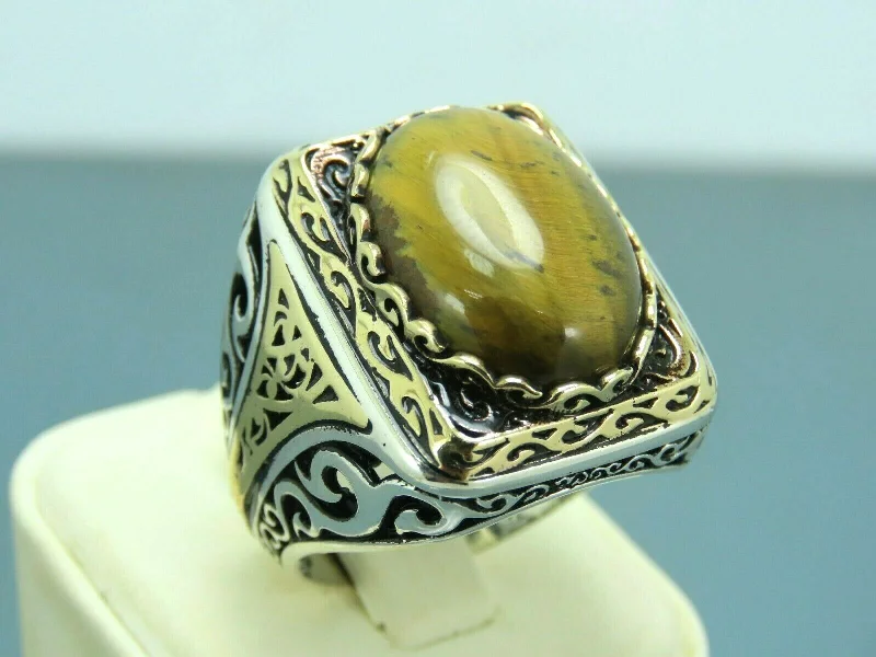 Turkish Handmade Jewelry 925 Sterling Silver Tiger's Eye Stone Mens Rings