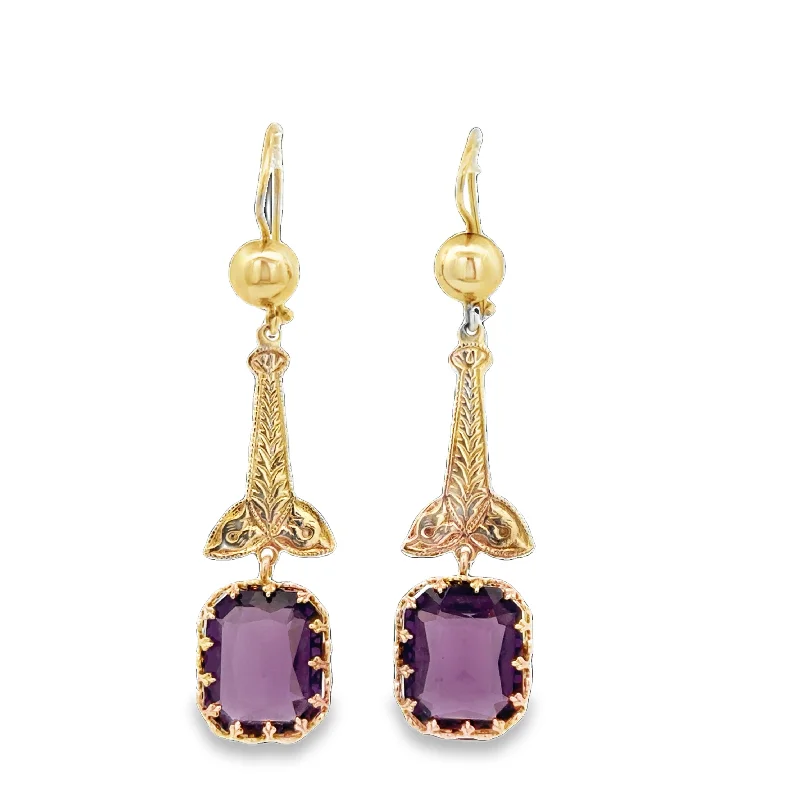 Vintage Art Deco Amethyst Dangle Earrings in Yellow Gold