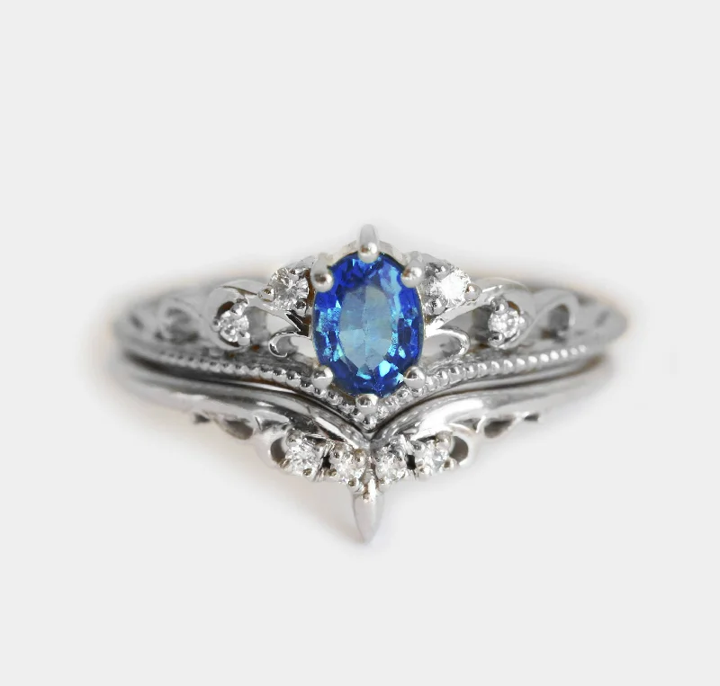 Jacqueline Vintage Blue Sapphire Diamond Ring Set