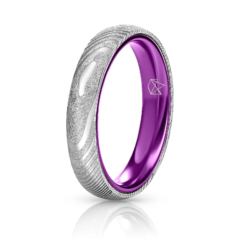 Wood Grain Damascus Steel Ring - Resilient Purple - 4MM