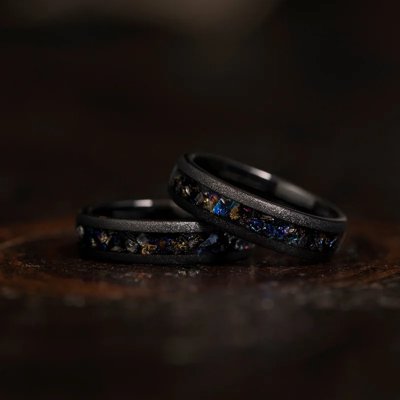 "Zeus" Domed Dark Nebula Ring- Meteorite and Opal- Black 5mm Womens