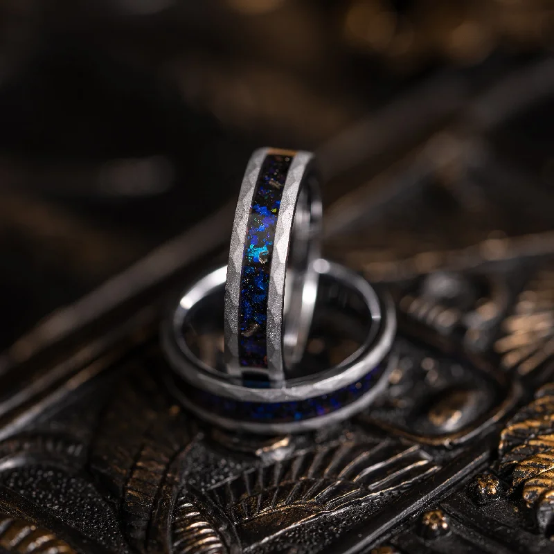 "Zeus" Hammered Blue Nebula Ring- Meteorite and Opal- Silver 5mm Womens