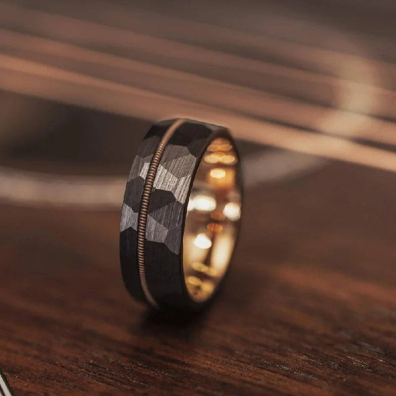 "Zeus" Hammered Guitar String Ring- Black with Guitar String