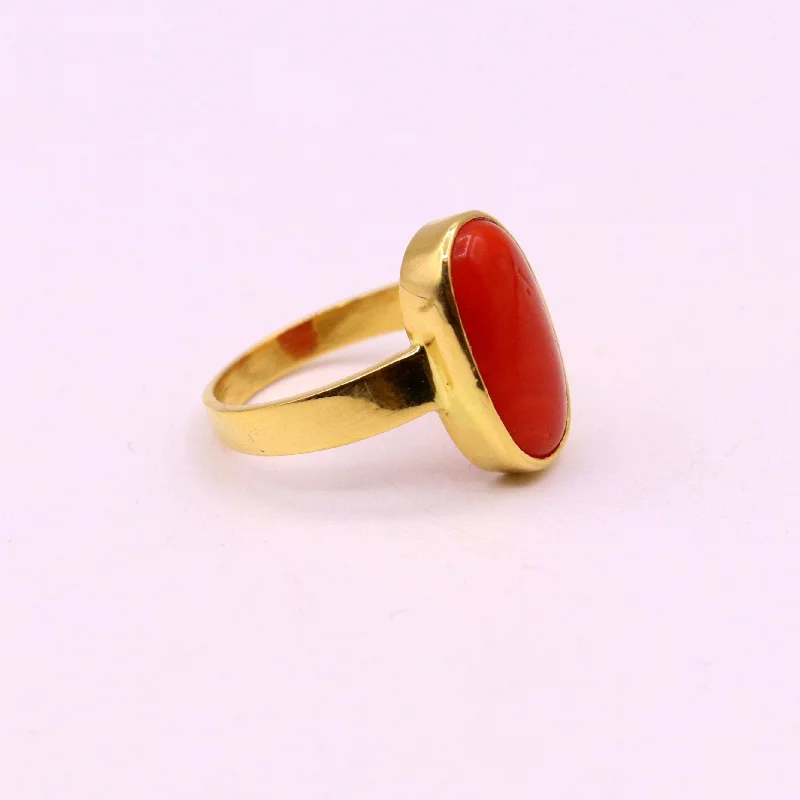 22karat yellow gold handmade real red coral stone unisex ring fabulous band from rajasthan india GR005