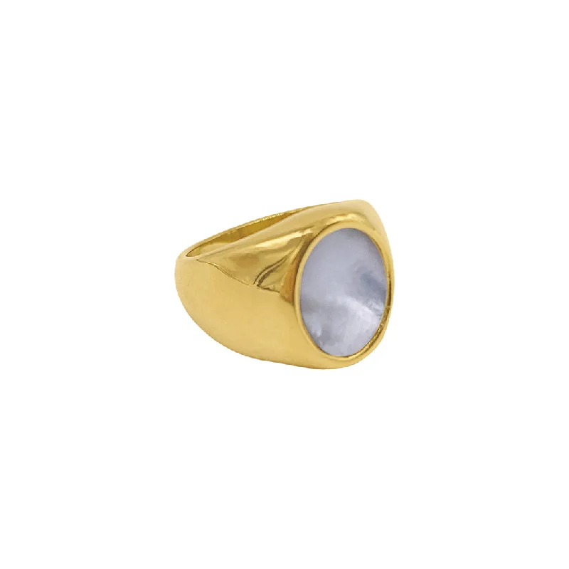 Tarnish Resistant 14k Gold Plated Oval White Mother of Pearl Ring