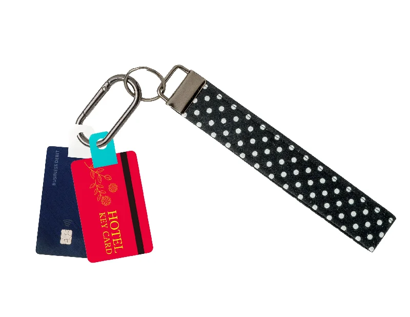 Black and White Polka Dot Print Wristlet Keychain, Key Fob (Carabiner & Tabber Grabbers Not Included) Flash Sale On Designer Bags